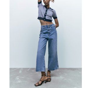 NWT ZARA CROPPED Z1975 WIDE LEG BUTTONED JEANS MID-BLUE